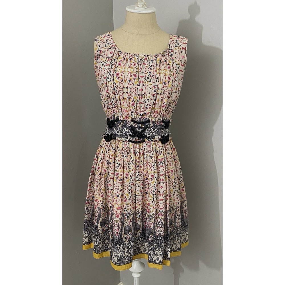 BOHO Silk Floral Sleeveless Dress with Gathered Waist Rope Accent & Border Print
